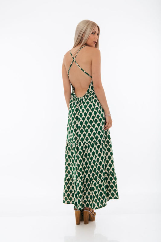 Φόρεμα maxi εμπριμέ εξώπλατο