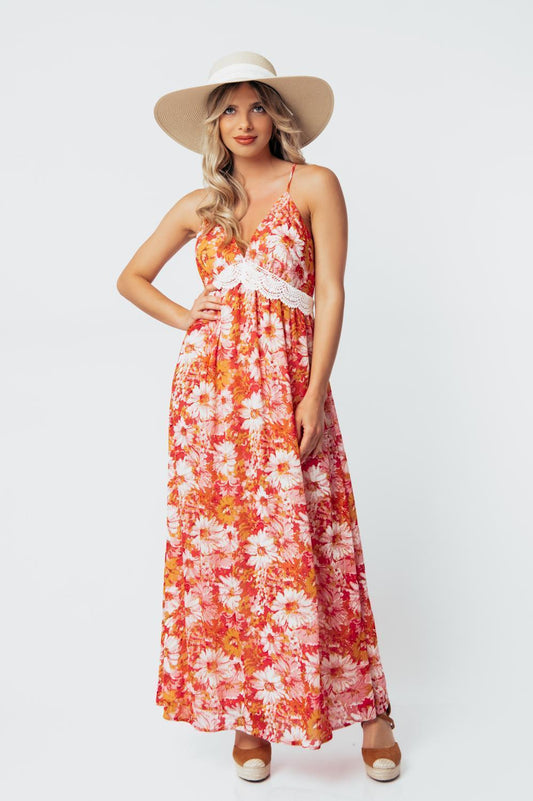 Φόρεμα maxi floral με κηπούρ δανδέλα