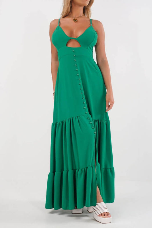 Φόρεμα maxi με διακοσμητικά κουμπιά και βολάν