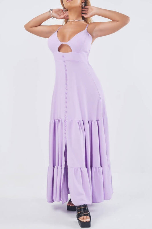 Φόρεμα maxi με διακοσμητικά κουμπιά και βολάν