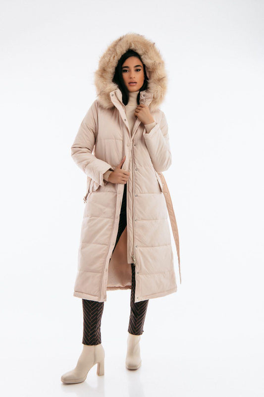 Μπουφάν midi με κουκούλα και γούνα