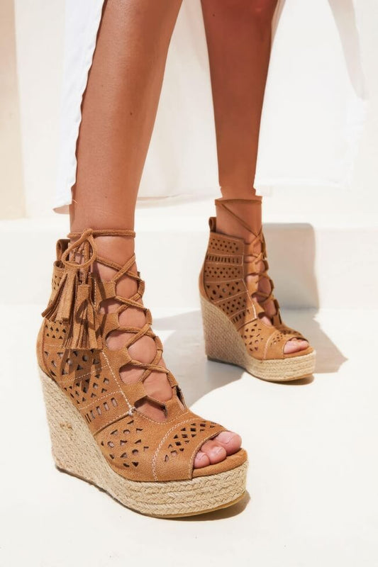 Πλατφόρμες espadrilles peep toe με κορδόνια