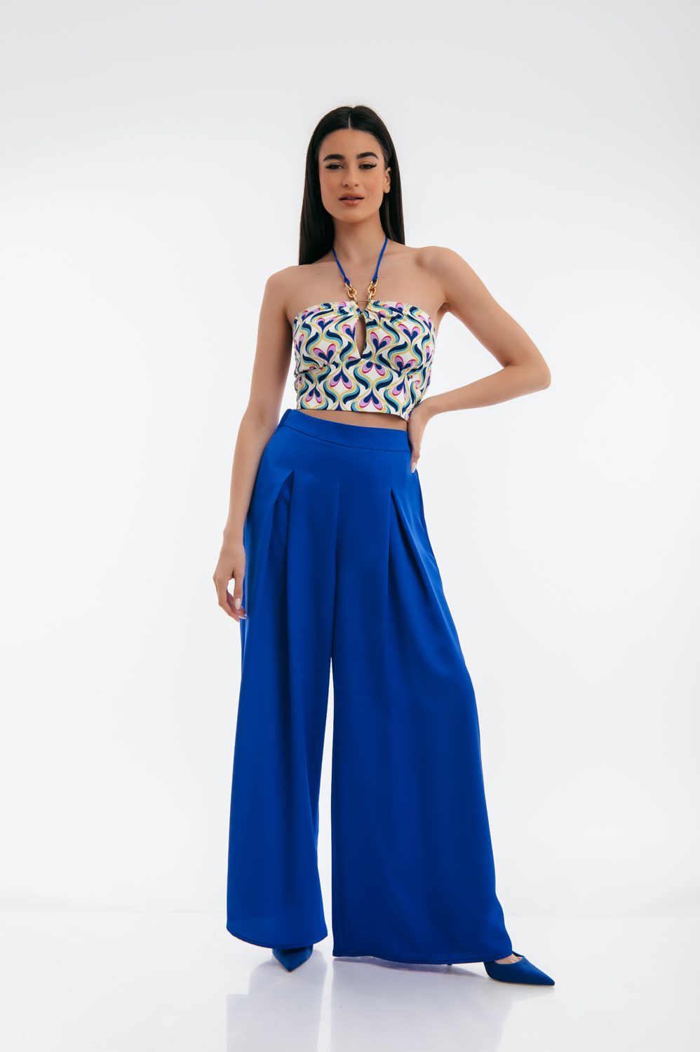 Σετ top cropped floral - Παντελόνα φαρδιά