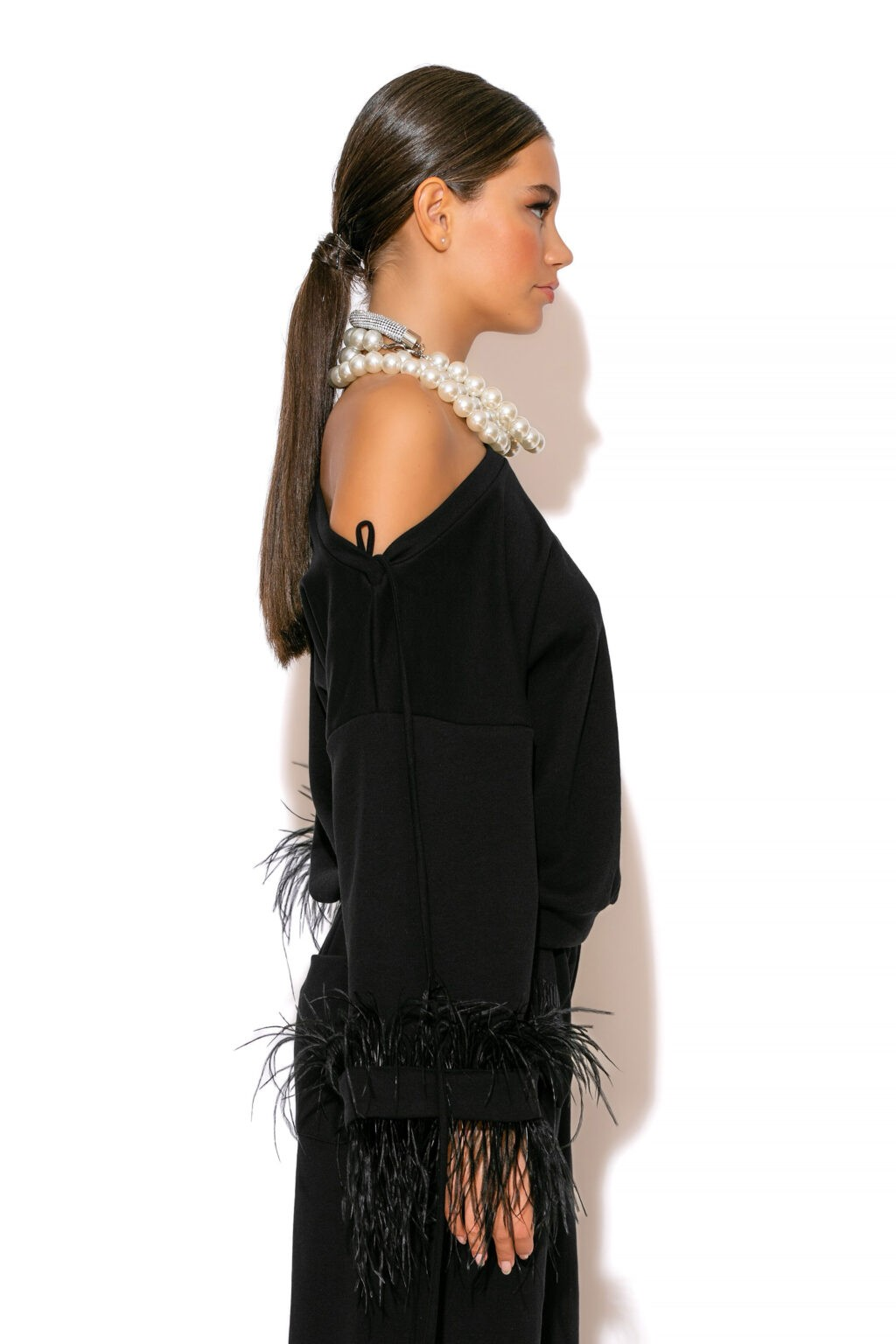 C-THROU Feather-trimmed terry cotton blouse