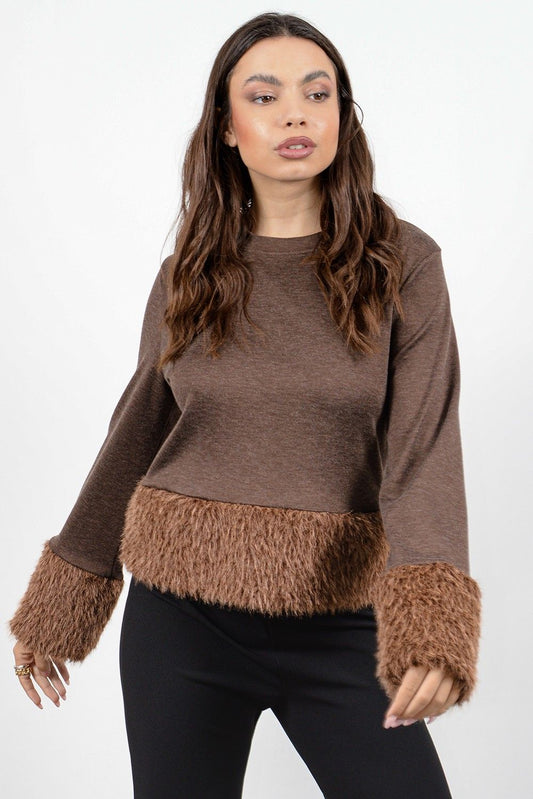Μπλούζα πλεκτή με γούνινες λεπτομέρειες