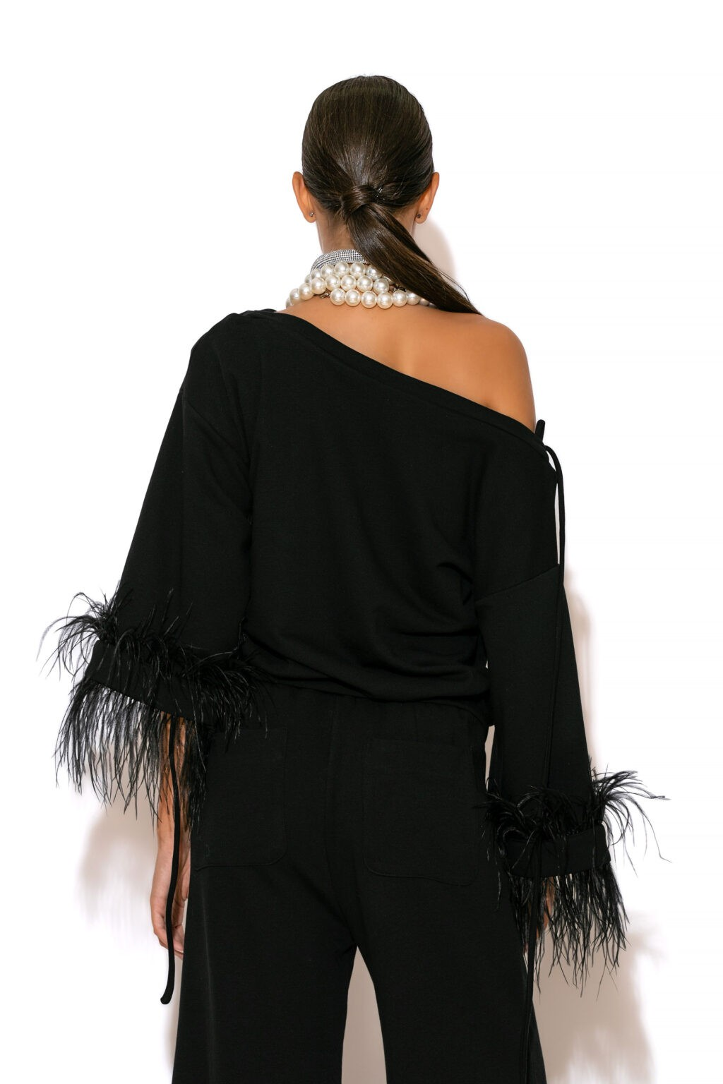 C-THROU Feather-trimmed terry cotton blouse
