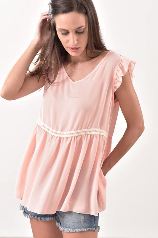 Top satin αμάνικο με βολάν και τρέσσα