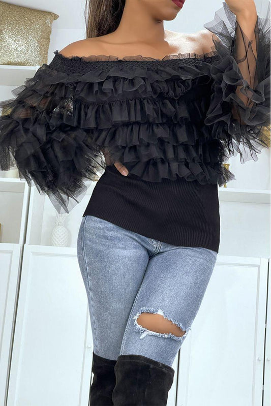 Μπλούζα rib έξωμη με βολάν