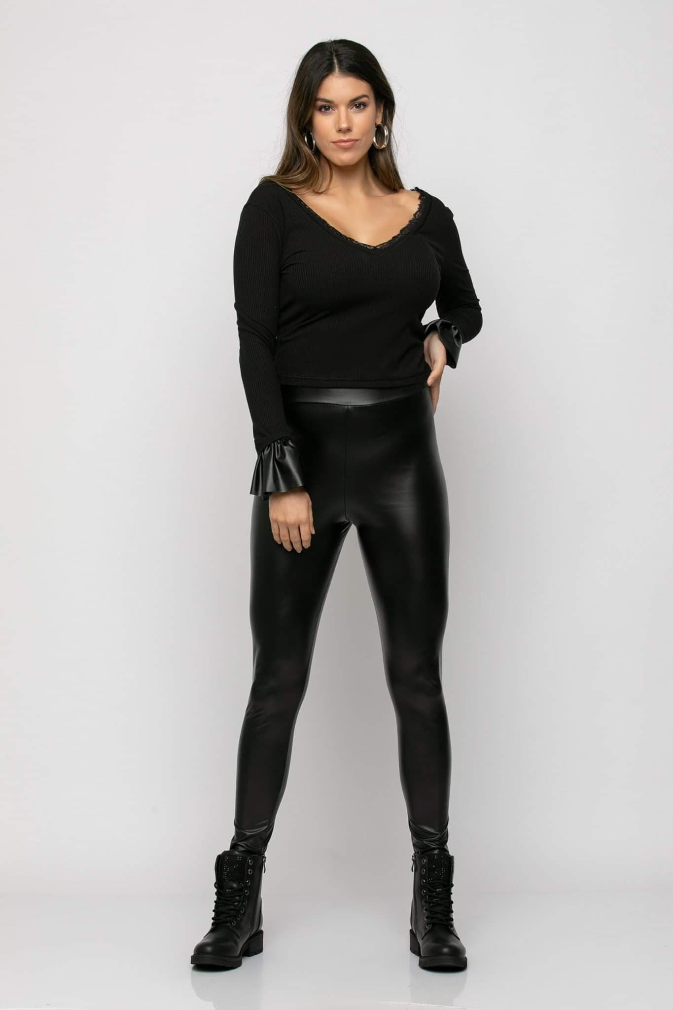 Top cropped rib πλεκτό με δερματίνη
