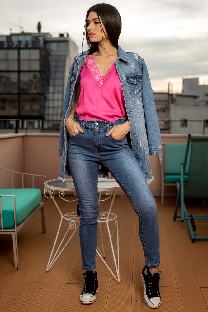 Oversized jeans μπουφάν με ζώνη