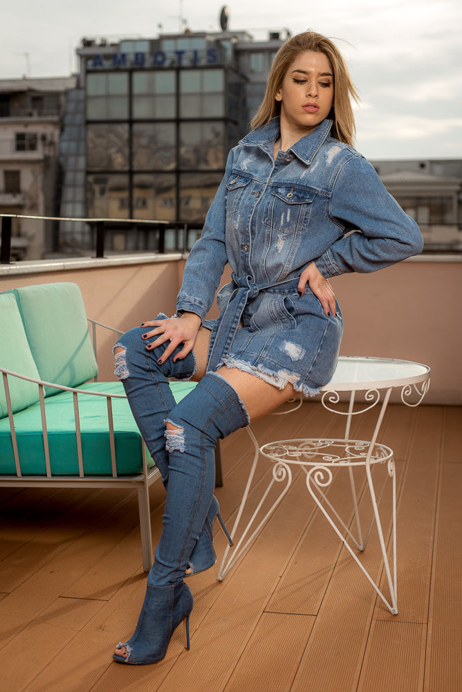 Oversized jeans μπουφάν με ζώνη
