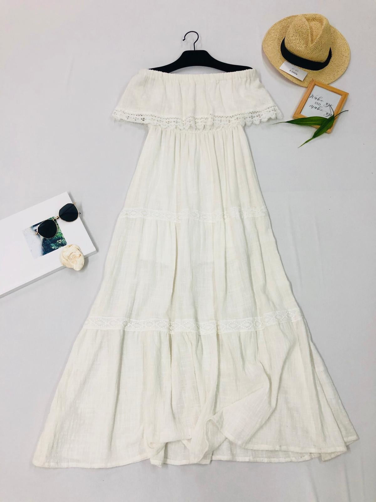 Φόρεμα maxi strapless με δανδέλα