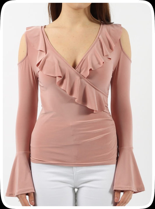 Μπλούζα έξωμη με βολάν και καμπάνα