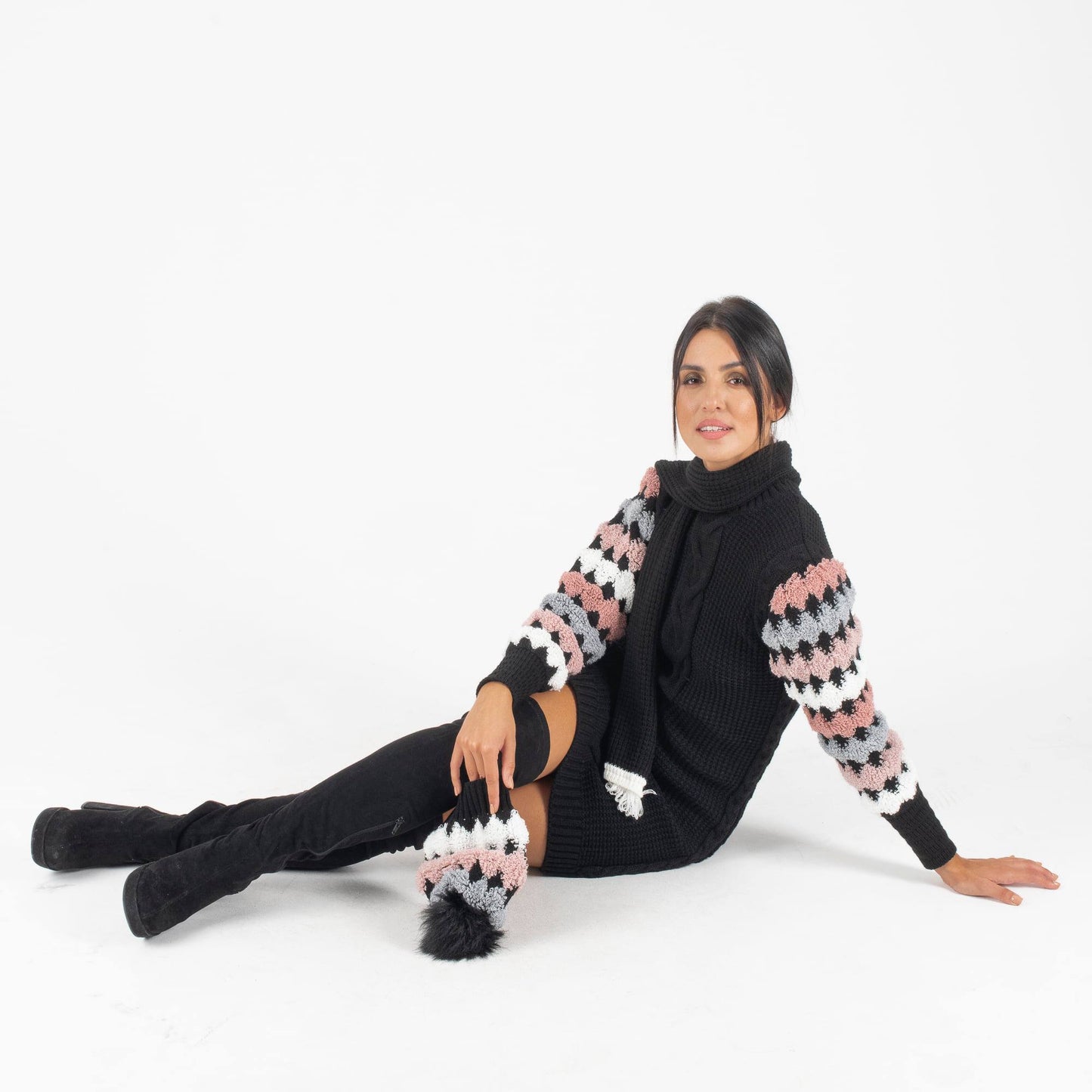 Σετ φόρεμα πλεκτό με σκουφί και κασκόλ