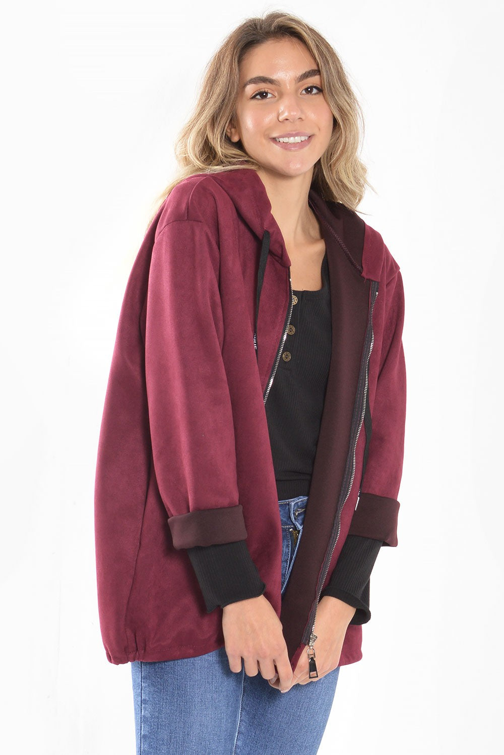 Ζακέτα suede με κουκούλα