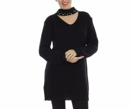 Μπλούζα πλεκτή με τσόκερ και πέρλες