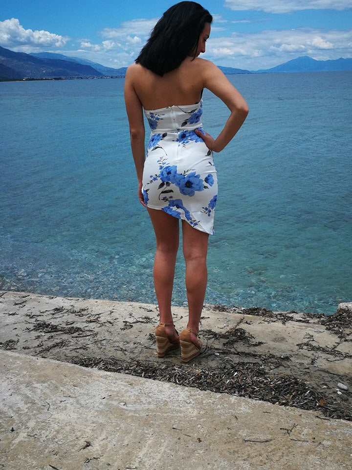 Φόρεμα mini floral bodycon ασύμμετρο