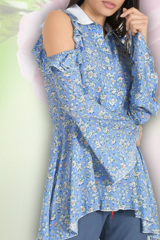 Μπλούζα floral έξωμη με βολάν και καμπάνα μανίκι