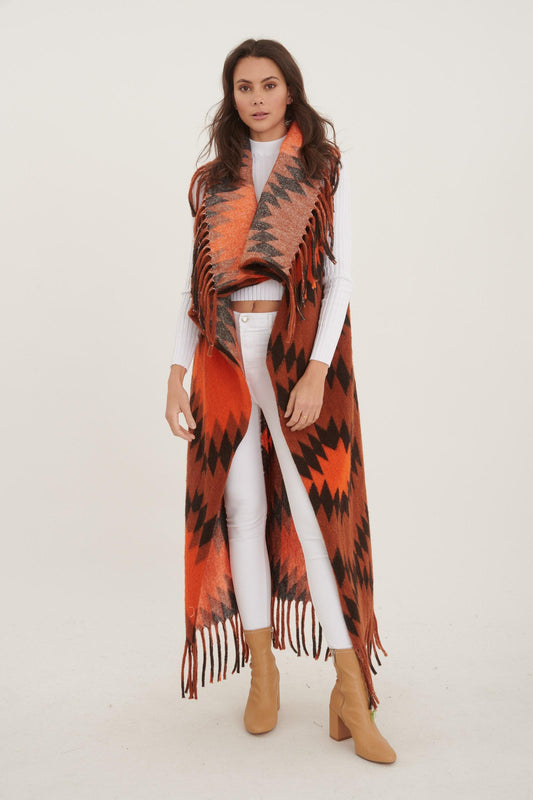 Ζακέτα ponchos maxi multicolor με κρόσσια