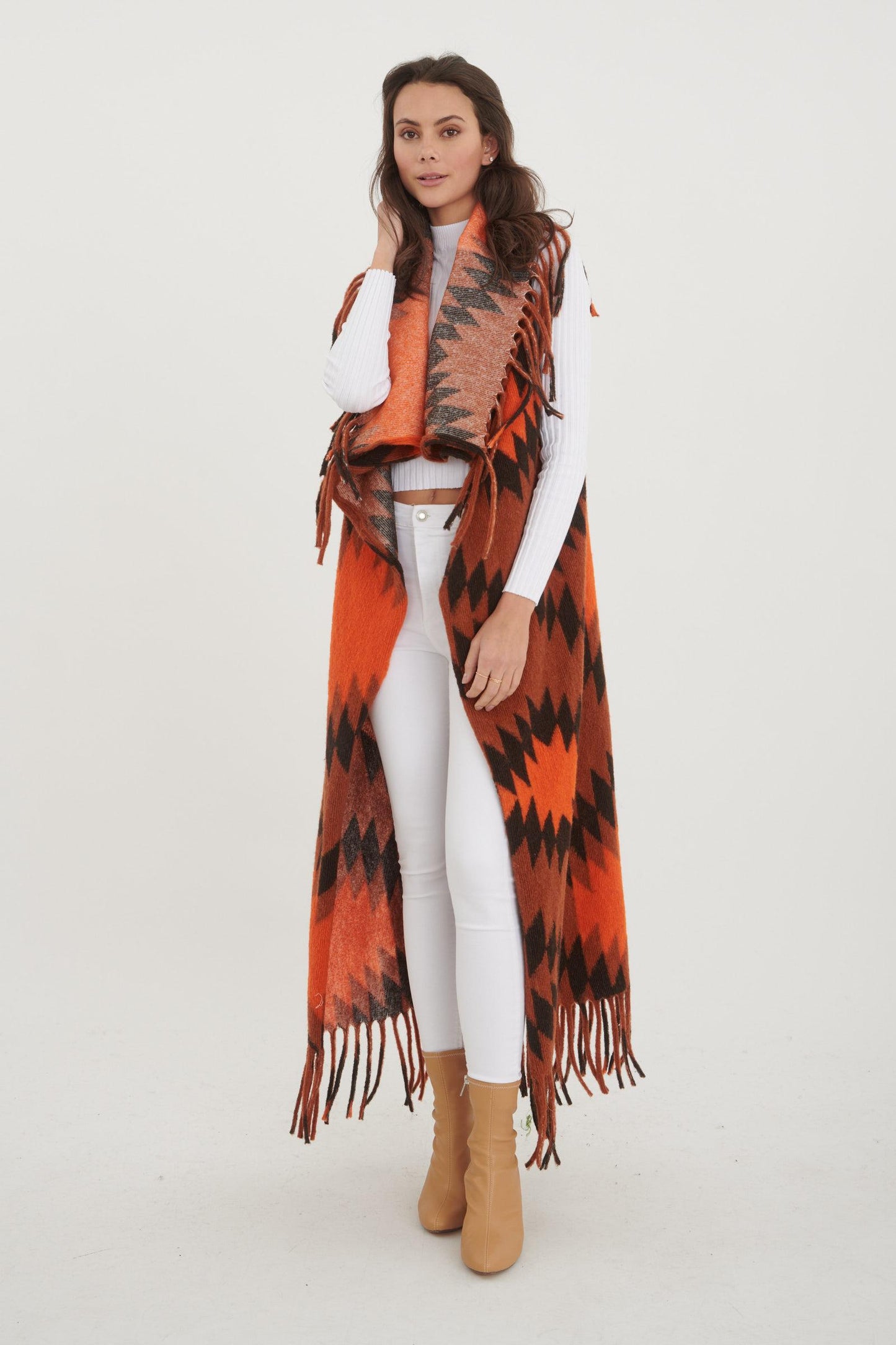 Ζακέτα ponchos maxi multicolor με κρόσσια