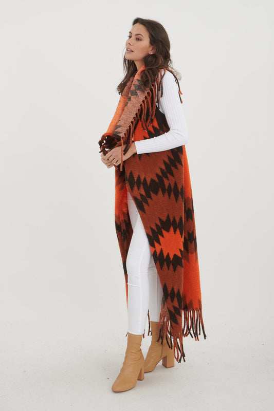 Ζακέτα ponchos maxi multicolor με κρόσσια