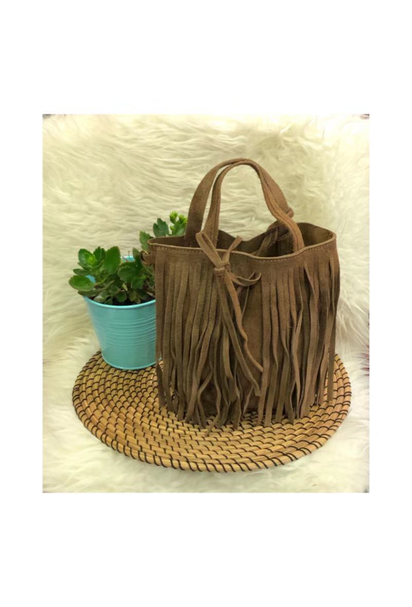 100% δερμάτινη τσάντα suede με κρόσσια