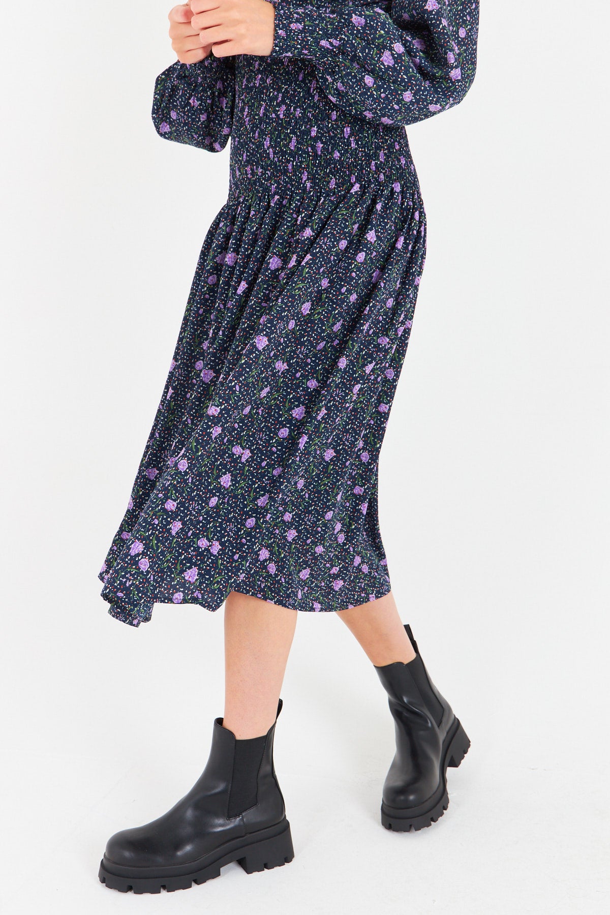 Chiffon smocked midi dress floral