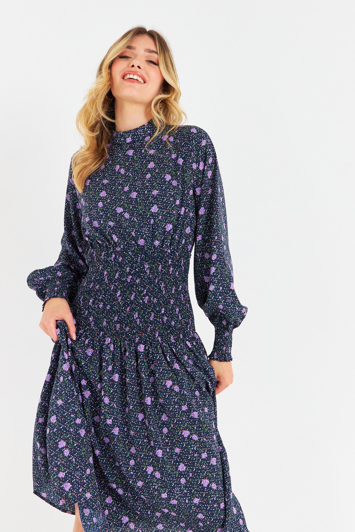 Chiffon smocked midi dress floral