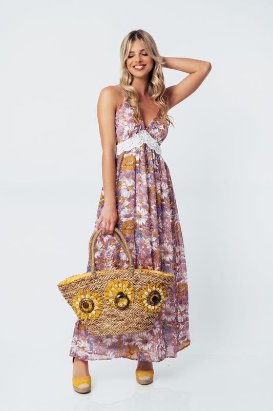 Φόρεμα maxi floral με κηπούρ δανδέλα
