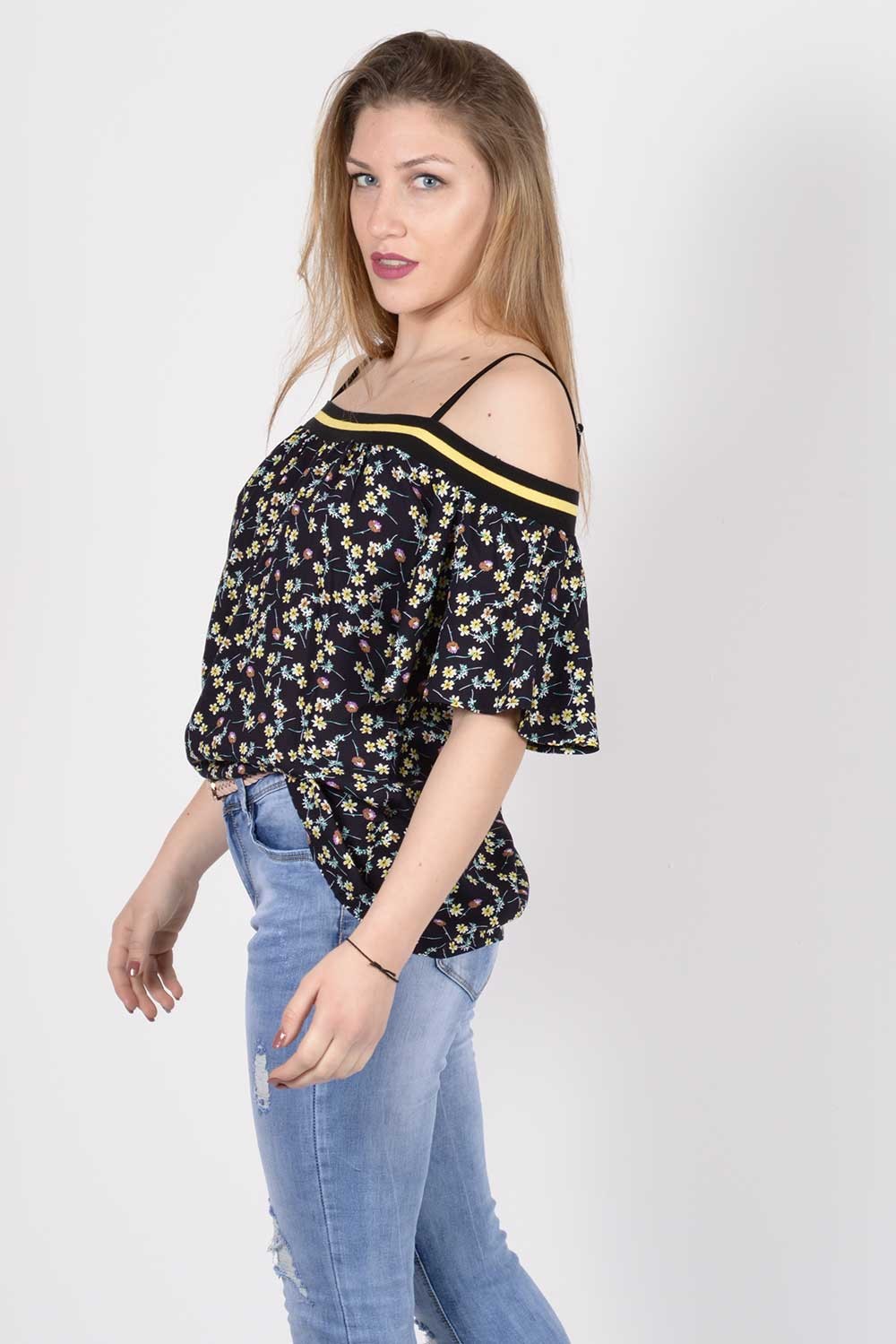 Μπλούζα floral με λάστιχο και ράντες