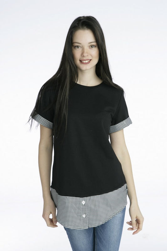 Μπλούζα βαμβακερή κοντομάνικη με καρό λεπτομέρειες