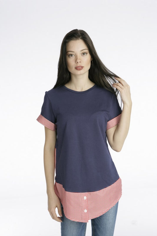 Μπλούζα βαμβακερή κοντομάνικη με καρό λεπτομέρειες