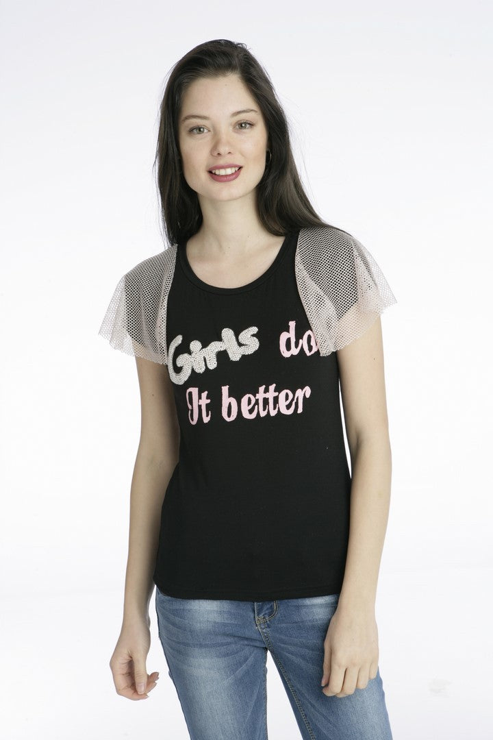 Top με στάμπα και πέρλες και δίχτυ στα μανίκια