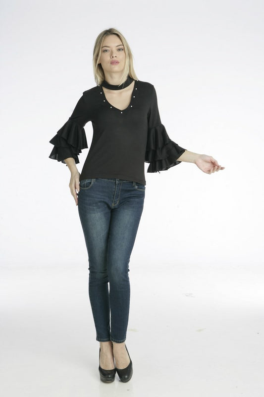 Μπλούζα με τσόκερ - πέρλες και μανίκι καμπάνα βολάν