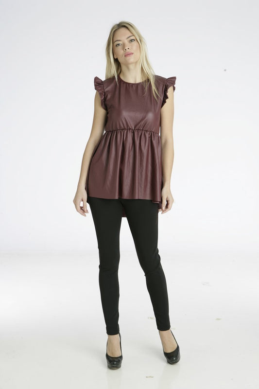 Top αμάνικο με βολάν και λάστιχο στη μέση από δερματίνη