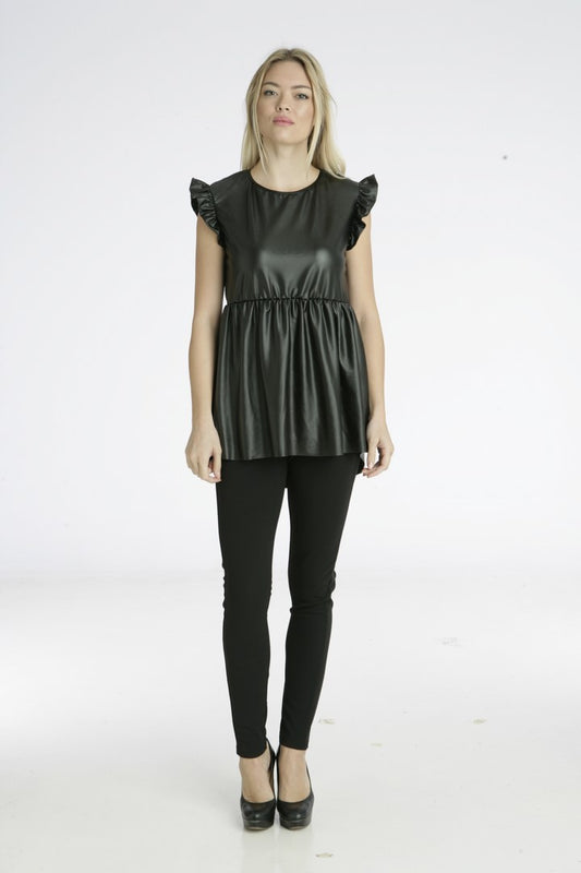 Top αμάνικο με βολάν και λάστιχο στη μέση από δερματίνη