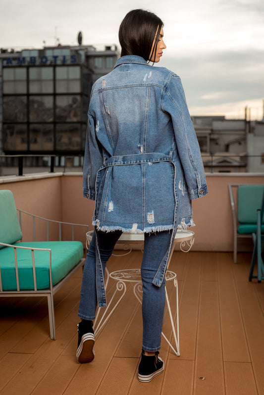 Oversized jeans μπουφάν με ζώνη
