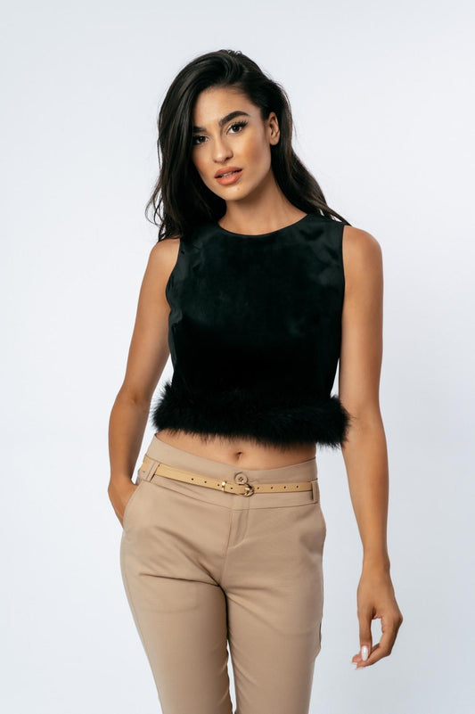Top cropped βελουτέ με γούνα