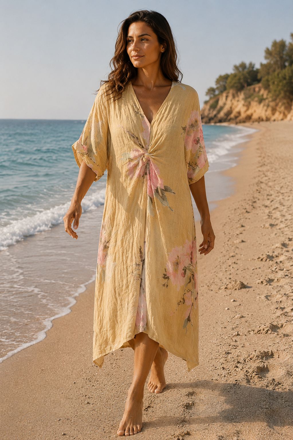Καφτάνι λινό see through floral printed