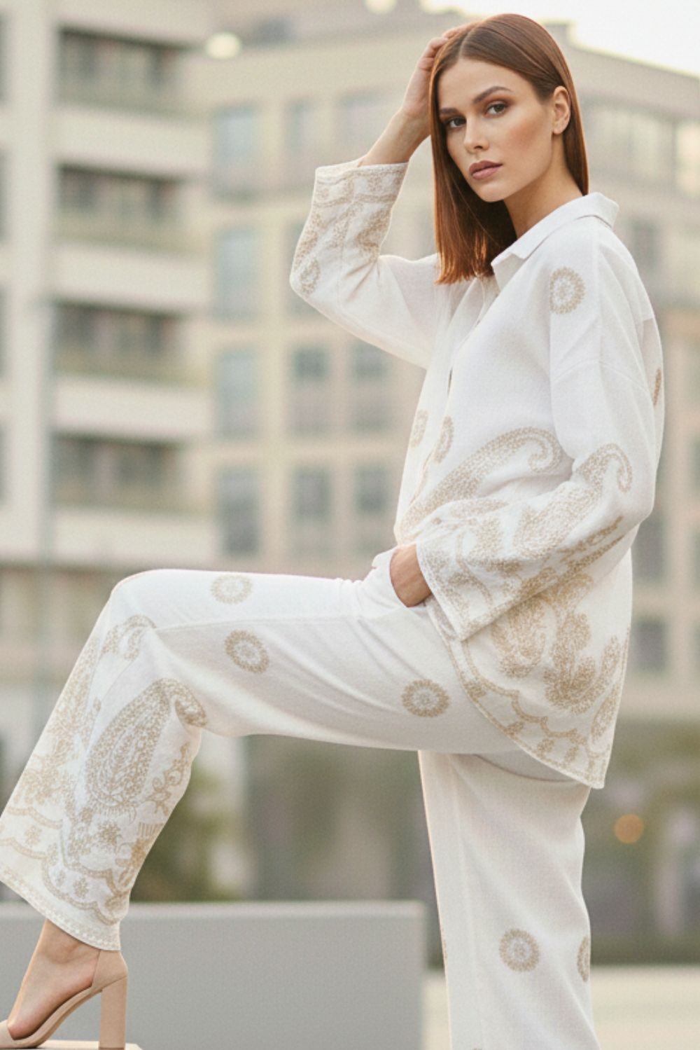 Set viscose πουκάμισο - παντελόνα με κεντήματα