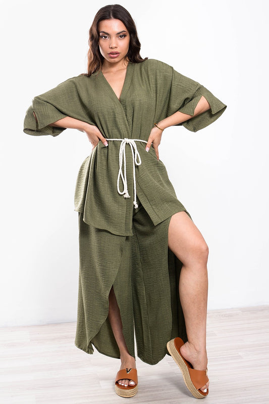 Σετ λινό κιμονό - παντελόνα με ανοίγματα