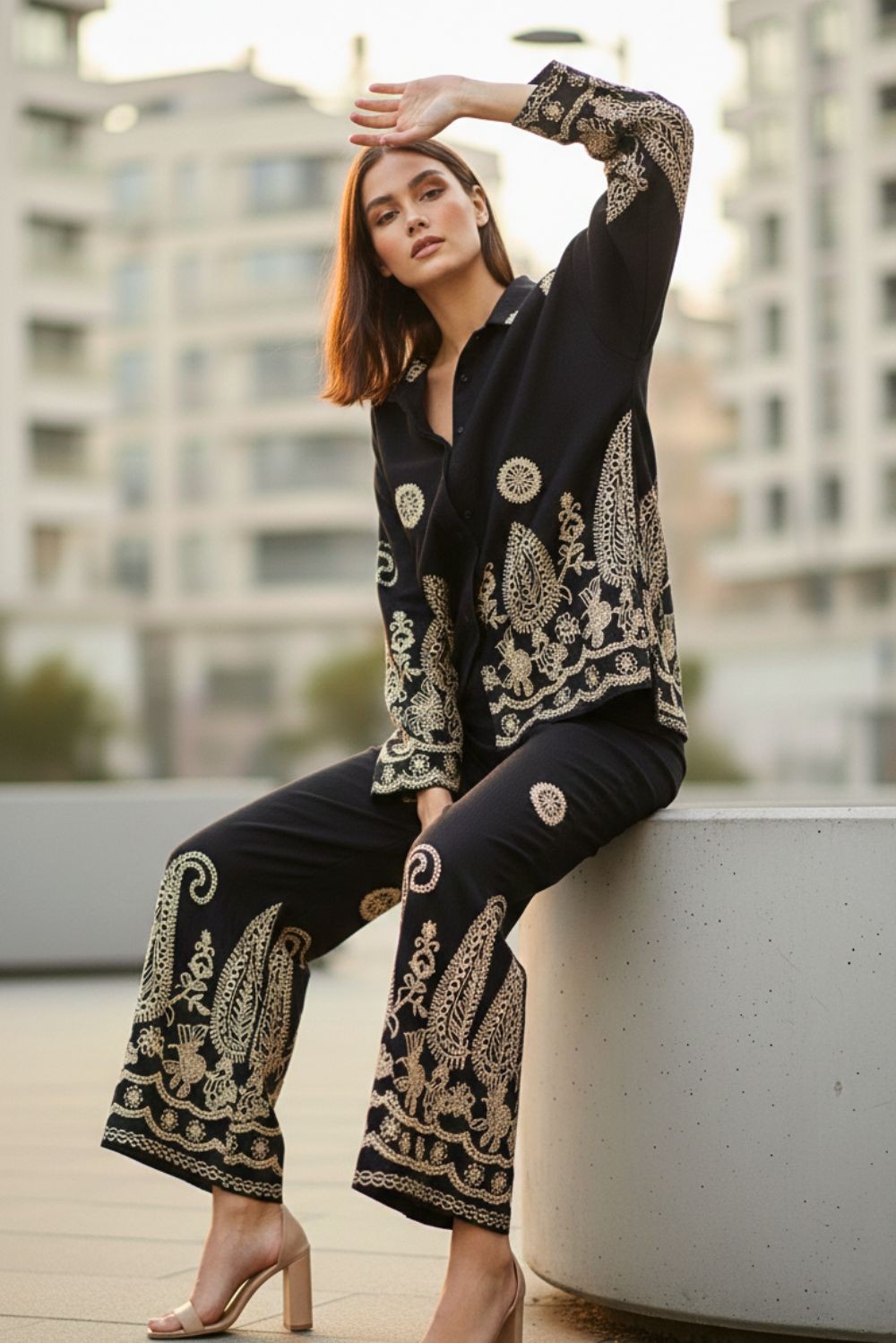 Set viscose πουκάμισο - παντελόνα με κεντήματα