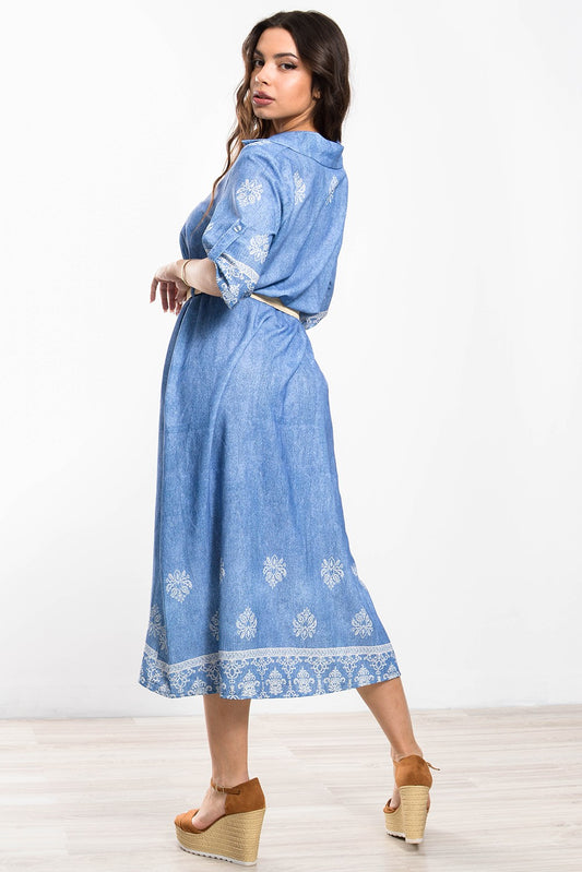Φόρεμα midi denim look floral σεμιζιέ