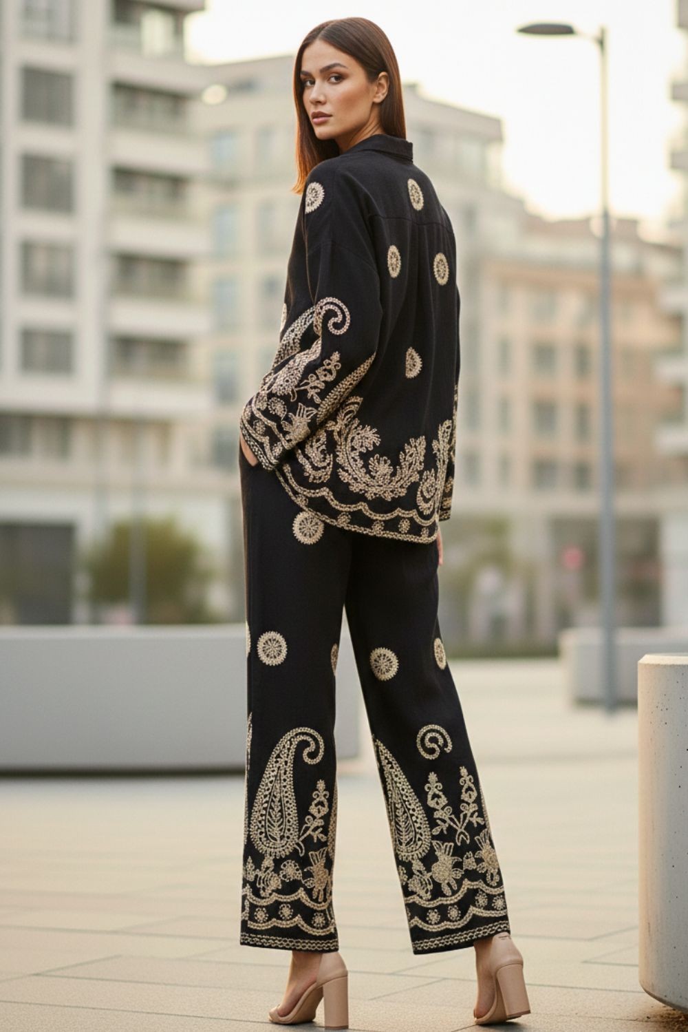 Set viscose πουκάμισο - παντελόνα με κεντήματα