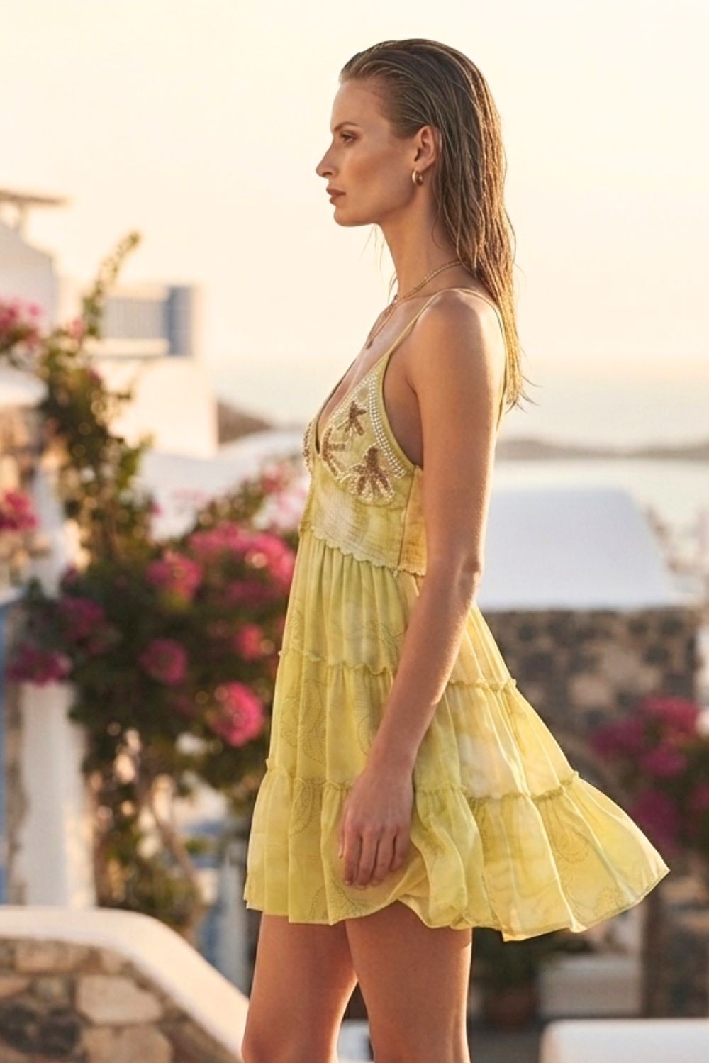 Φόρεμα mini cotton με πέρλες & prints