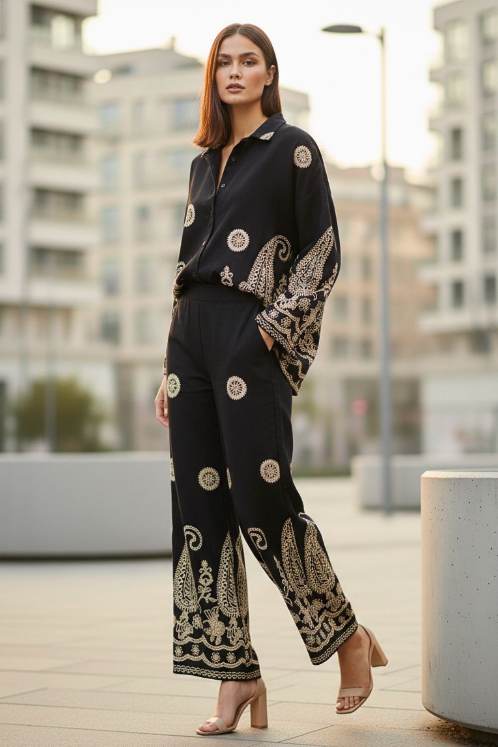 Set viscose πουκάμισο - παντελόνα με κεντήματα