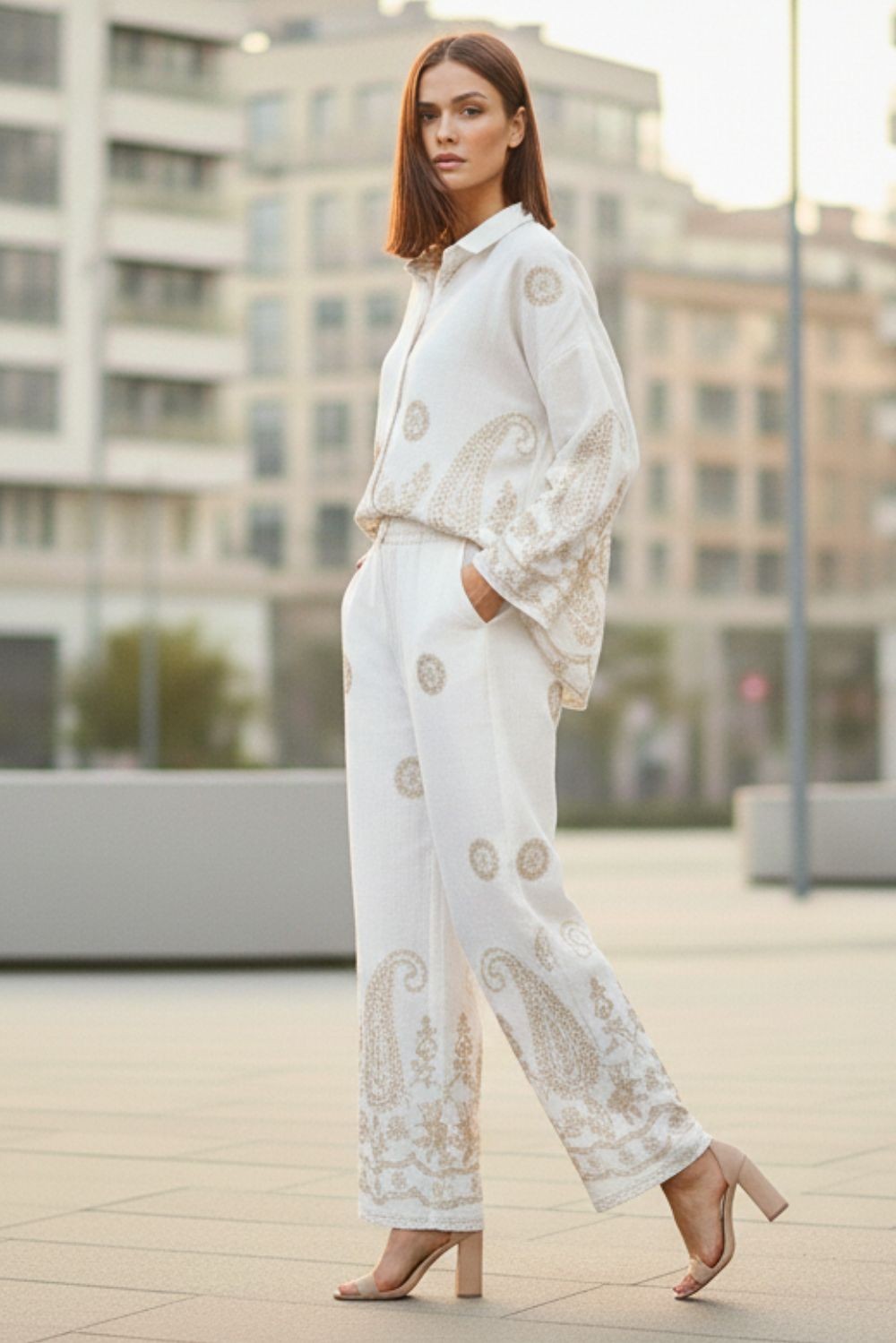 Set viscose πουκάμισο - παντελόνα με κεντήματα