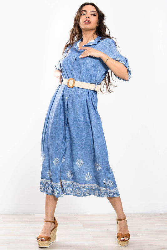 Φόρεμα midi denim look floral σεμιζιέ