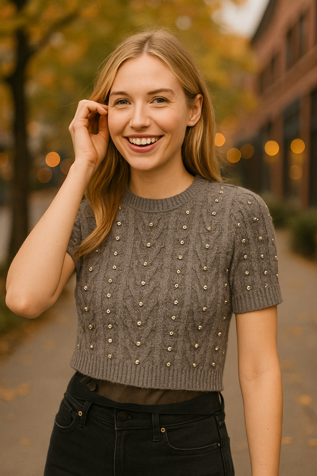 Top cropped πλεκτό με ασημί πέτρες