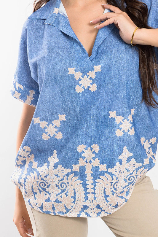 Μπλούζα denim look ethnic printed